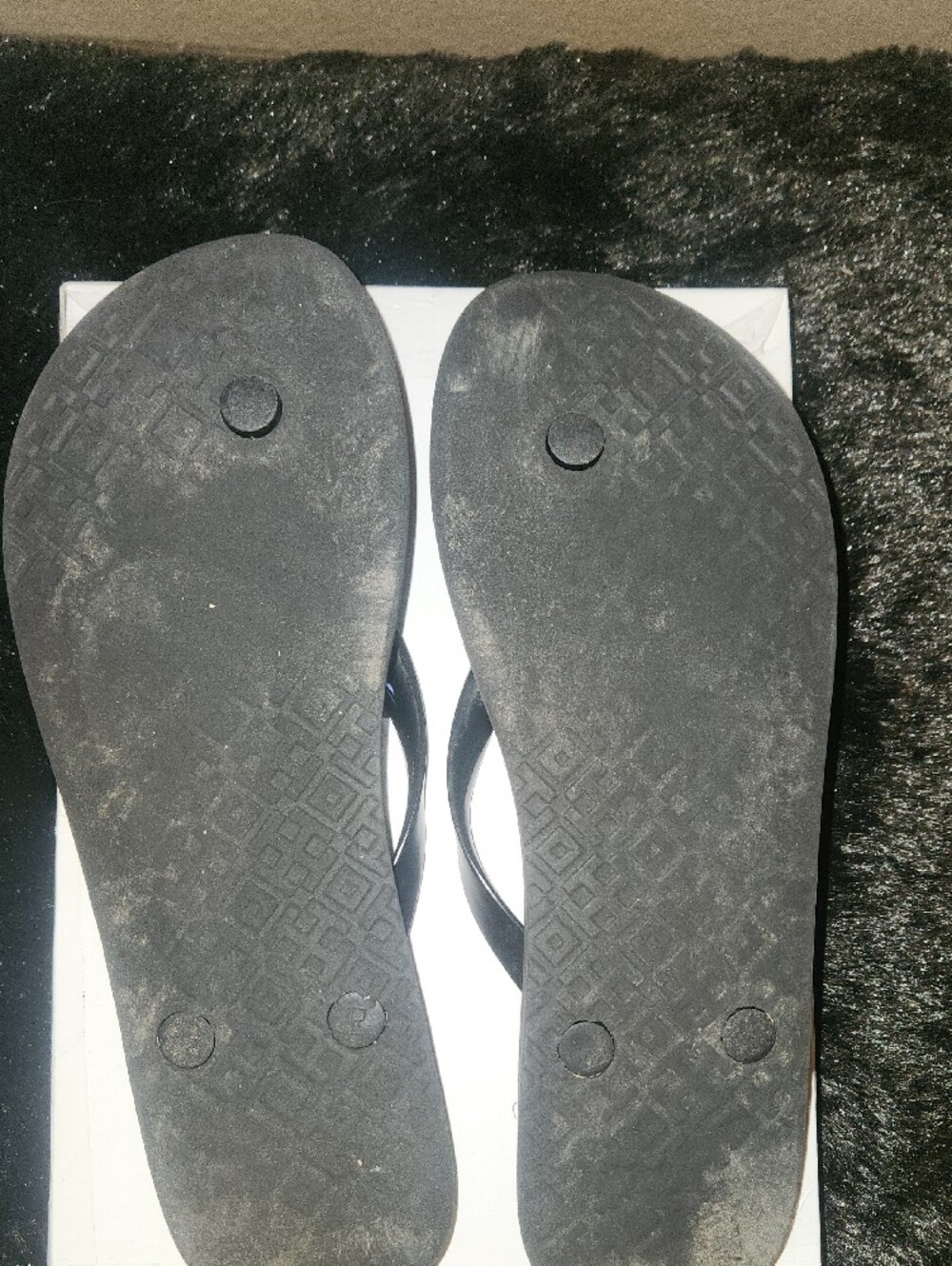 Tory Burch Black and White Geometric Logo Flip Flops with Gold Medallion - Picture 4 of 5